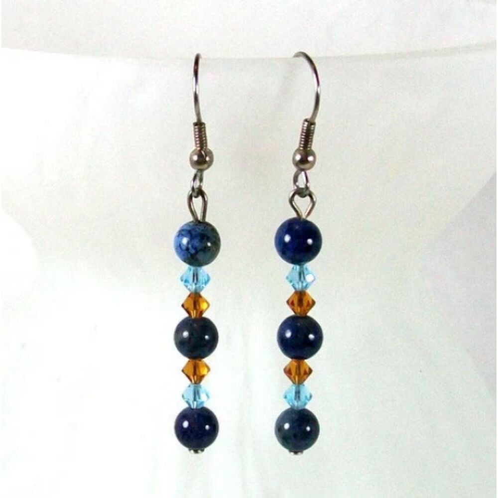 Dangle Earrings Women  Blue Sodalite and Crystal Handmade Jewelry